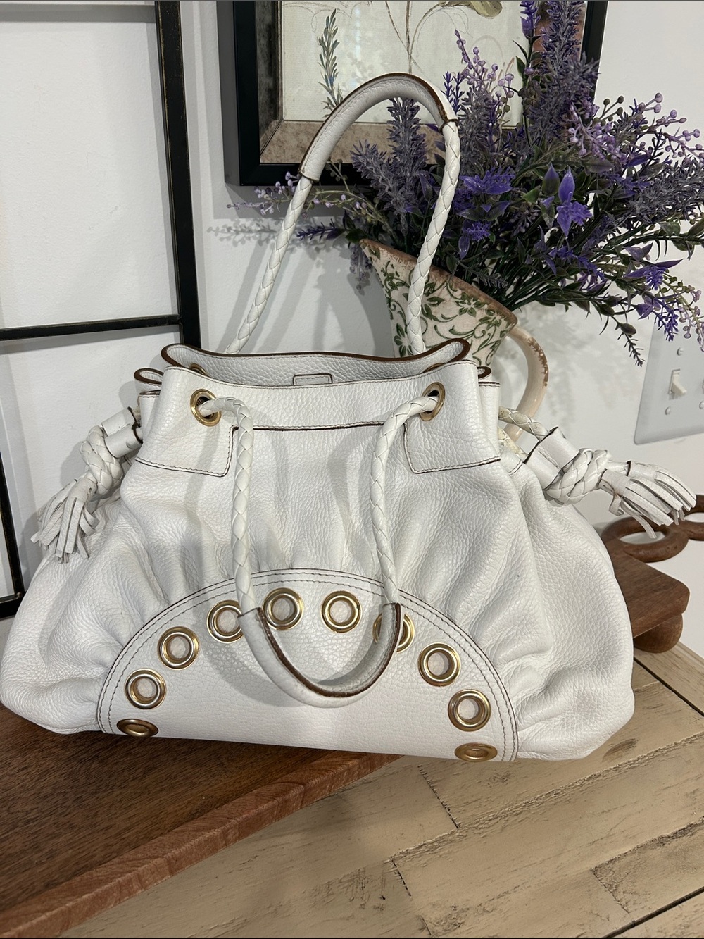 Anya Hindmarch White Leather Drawstring Shoulder Bag with Gold Eyelets